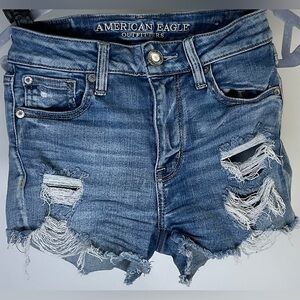 American Eagle Distressed Ripped Frayed Hi Rise Shortie Stretch Jean Shorts